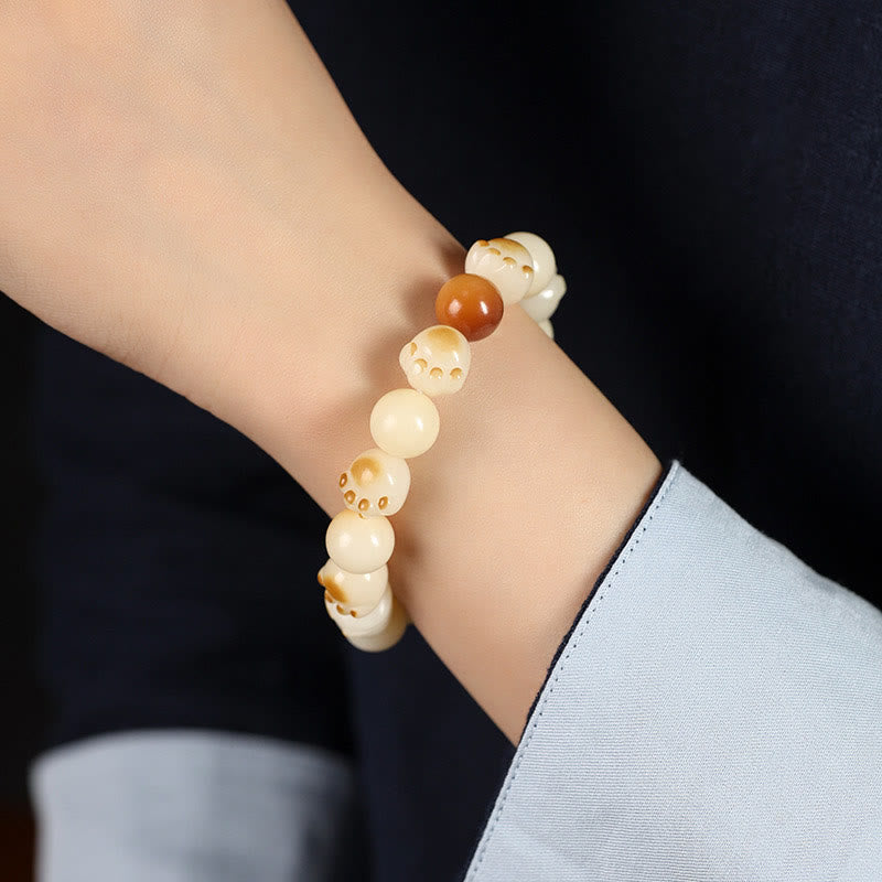 Wear FengShui Natural Bodhi Seed Sandalwood Lucky Cute Cat Head Paw Claw Peace Bracelet
