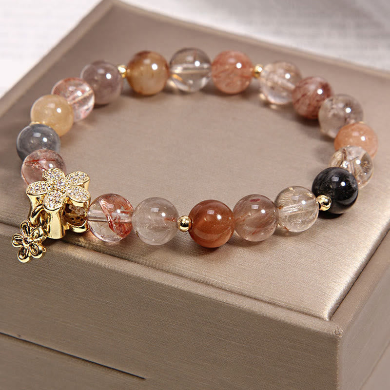 Wear FengShui Multicolored Rutilated Quartz Citrine Wealth Protection Flower Bracelet
