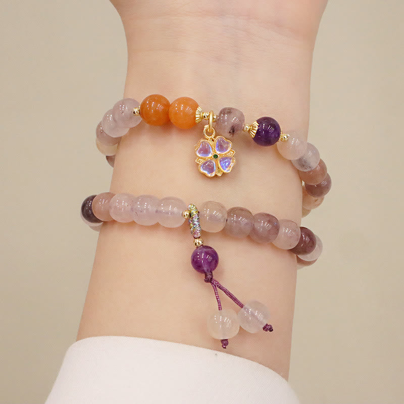 Wear FengShui Natural Purple Golden Silk Jade Violet Flower Bead Charm Wealth Bracelet