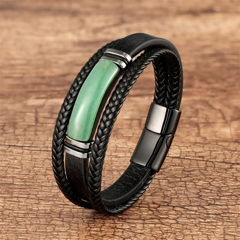 Wear FengShui Natural Stone Green Agate Power Multilayered Braided Leather Bracelet