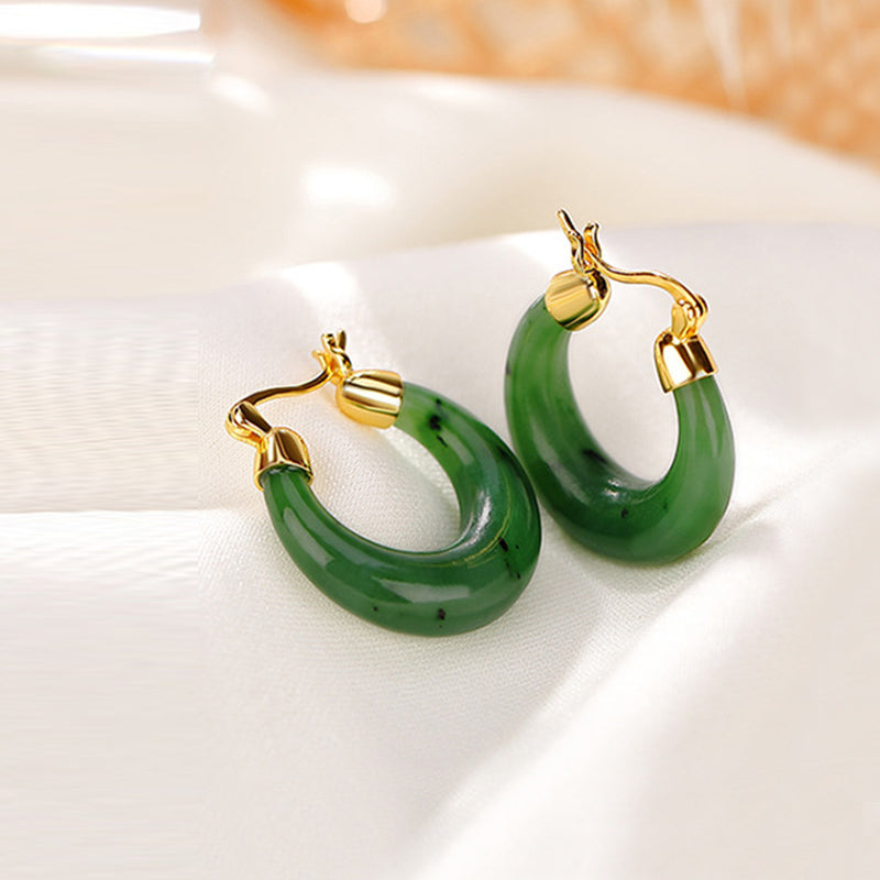 Wear FengShui 925 Sterling Silver Plated Gold Natural Round Hetian Cyan Jade Luck Drop Earrings