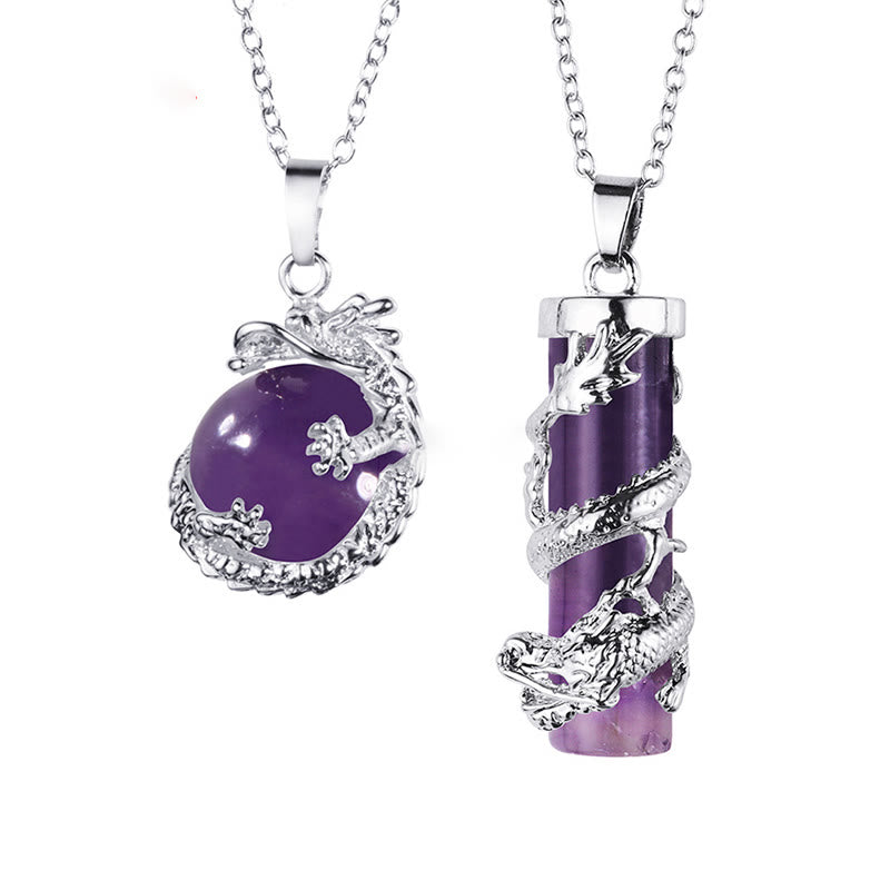 Wear FengShui 2pc Dragon Wrapped Round Ball Gemstone Couple Necklace Pendant
