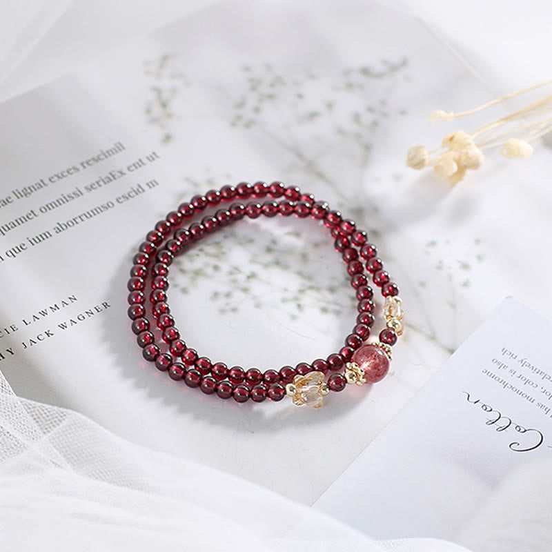 Wear FengShui 14K Gold Plated Natural Garnet Strawberry Quartz Butterfly Protection Double Wrap Bracelet