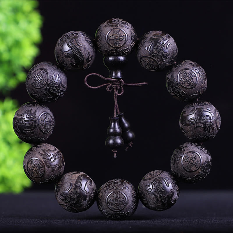 Wear FengShui Chinese Zodiac Rosewood Ebony Copper Coin PiXiu Carved Warmth Bracelet