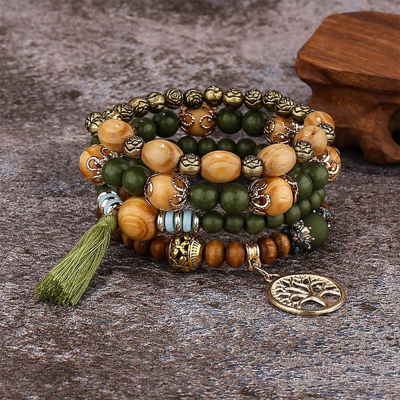 Wear FengShui Wenge Wood Layered Tree Tassel Healing Bracelet