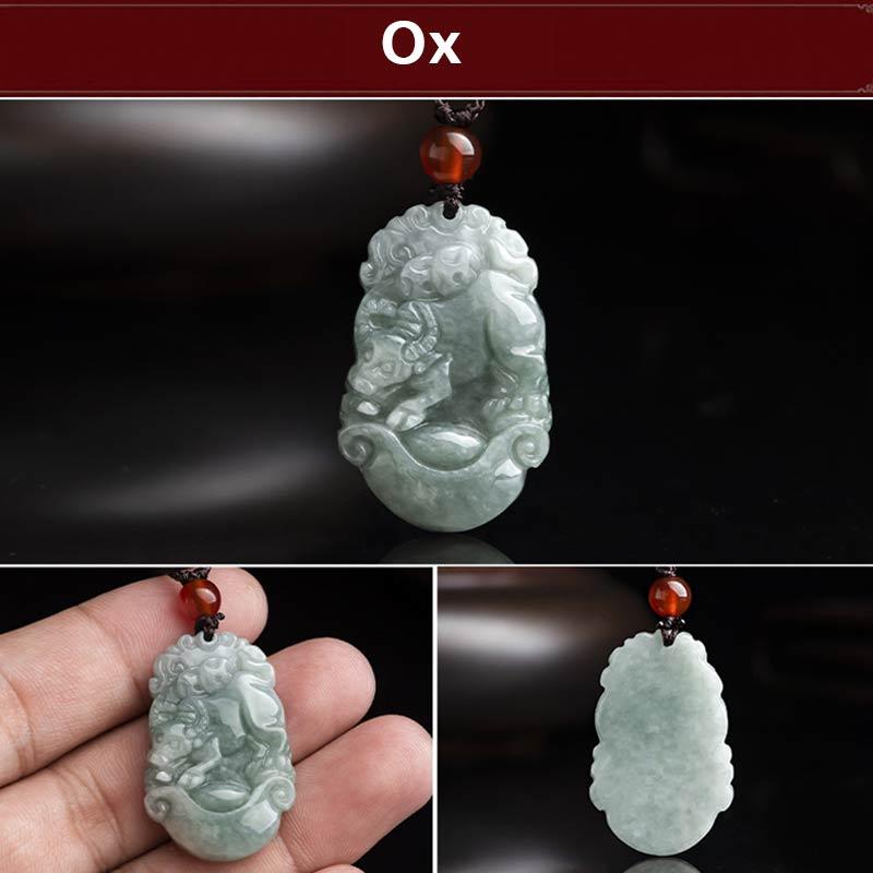 Wear FengShui Natural Jade 12 Chinese Zodiac Sucess Pendant Necklace