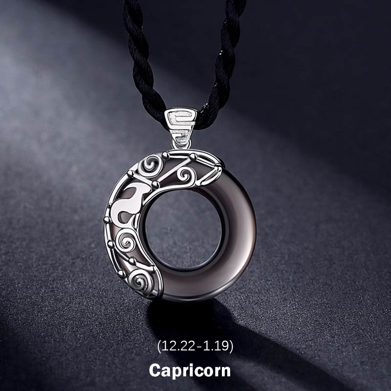 Wear FengShui 12 Constellations of the Zodiac Ice Obsidian Blessing Round Pendant Necklace