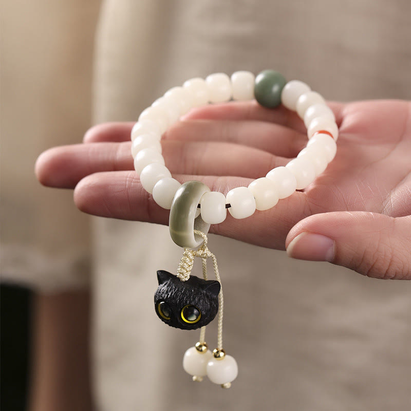 Wear FengShui Natural Bodhi Seed African Blackwood Lovely Cat Charm Peace Harmony Bracelet