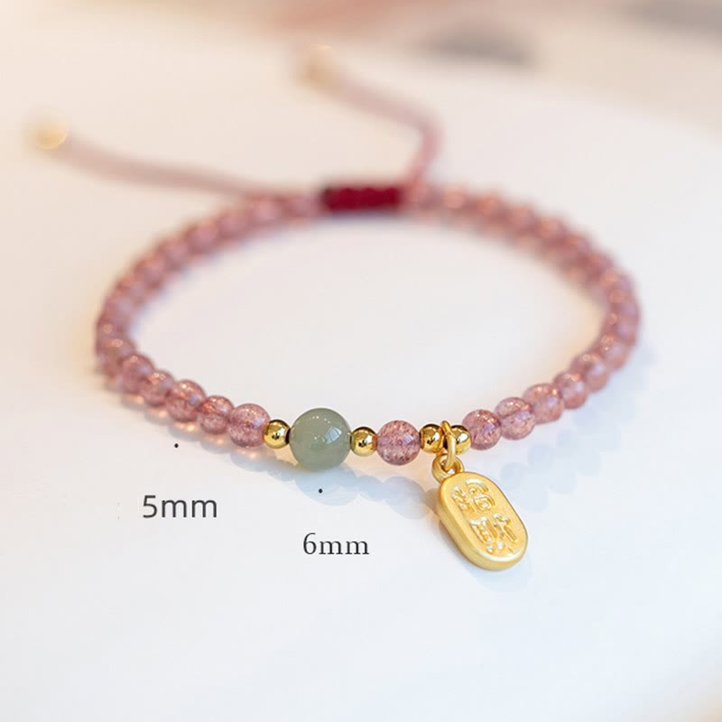Wear FengShui Natural Strawberry Quartz Garnet Jade Lucky Fortune Fu Character Healing Charm Bracelet