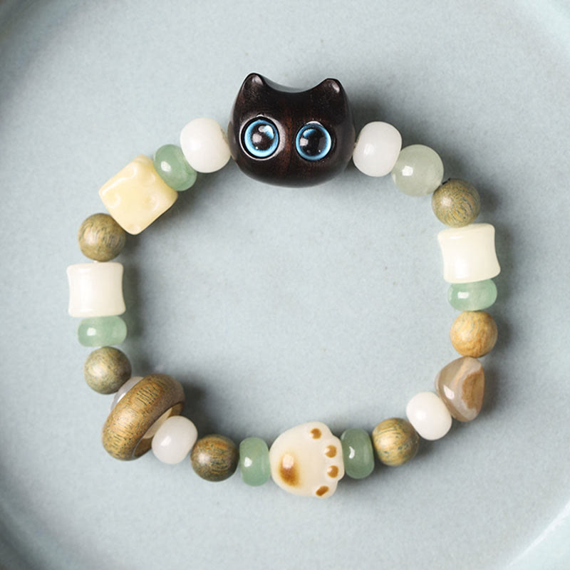 Wear FengShui Bodhi Seed Green Sandalwood Ebony Wood Small Leaf Red Sandalwood Cat Head Paw Claw Peace Bracelet