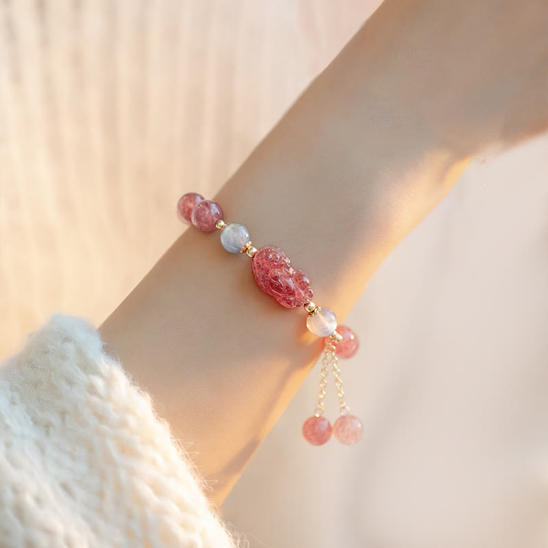 Wear FengShui Natural Strawberry Quartz Moonstone PiXiu Love Healing Bracelet