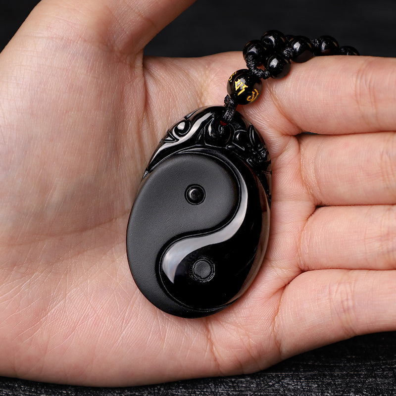 Wear FengShui Natural Black Obsidian Yin Yang Fulfilment Strength Necklace Pendant