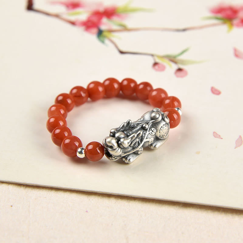 Wear FengShui 925 Sterling Silver Natural Garnet Moonstone Red Agate PiXiu Wealth Ring