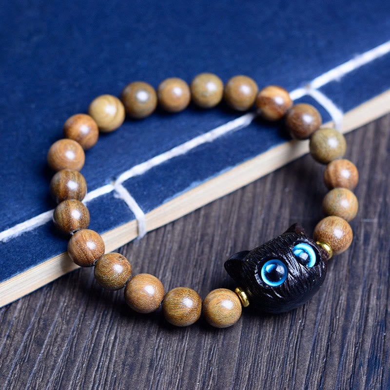 Wear FengShui Ebony Wood Green Sandalwood Red Sandalwood Lovely Cat Balance Bracelet