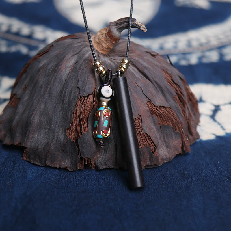 Wear FengShui Tibetan Ebony Wood Dzi Bead Peace Calm Necklace Pendant
