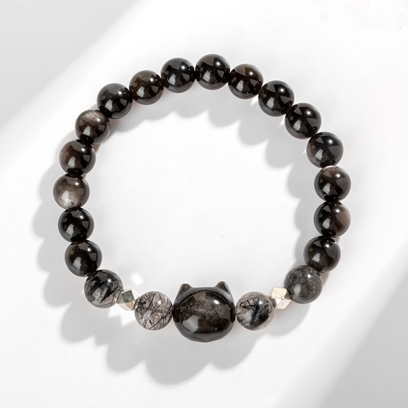 Wear FengShui Natural Silver Sheen Obsidian Cute Cat Head Protection Bracelet