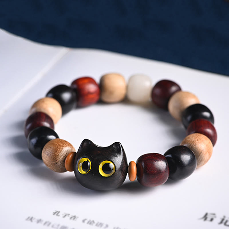 Wear FengShui Small Leaf Red Sandalwood Ebony Wood Cute Cat Engraved Protection Bracelet