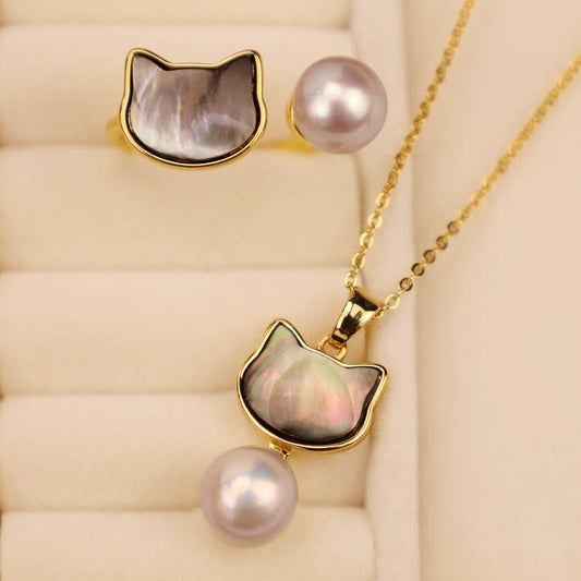 Wear FengShui Natural Pearl Copper Cat Healing Necklace Pendant Earrings