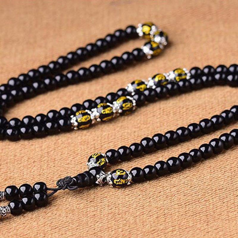 Wear FengShui Black Obsidian Six True Words Protection Mala Bracelet