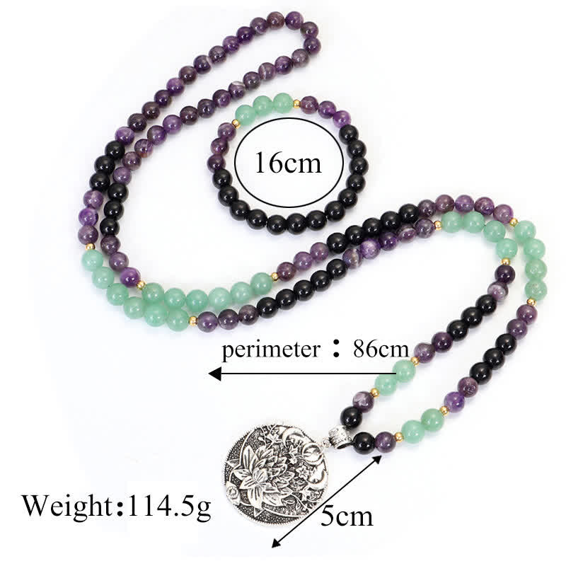 Wear FengShui 108 Mala Beads Amethyst Green Aventurine Lotus Meditation Bracelet