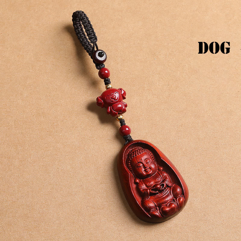 Wear FengShui Small Leaf Red Sandalwood Buddha Cinnabar Chinese Zodiac Amulet Protection Key Chain