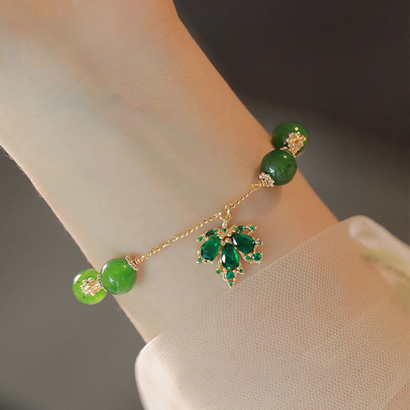 Wear FengShui 14k Gold Plated Green Chalcedony Maple Leaf Courage Strength Bracelet