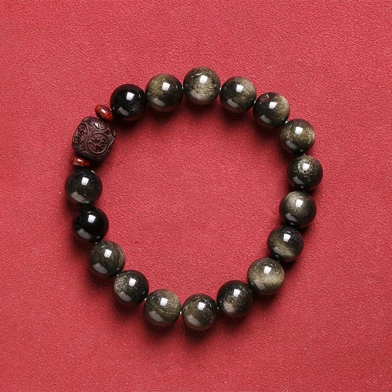Wear FengShui Natural Gold Sheen Obsidian Rainbow Obsidian Om Mani Padme Hum Fu Character Healing Bracelet