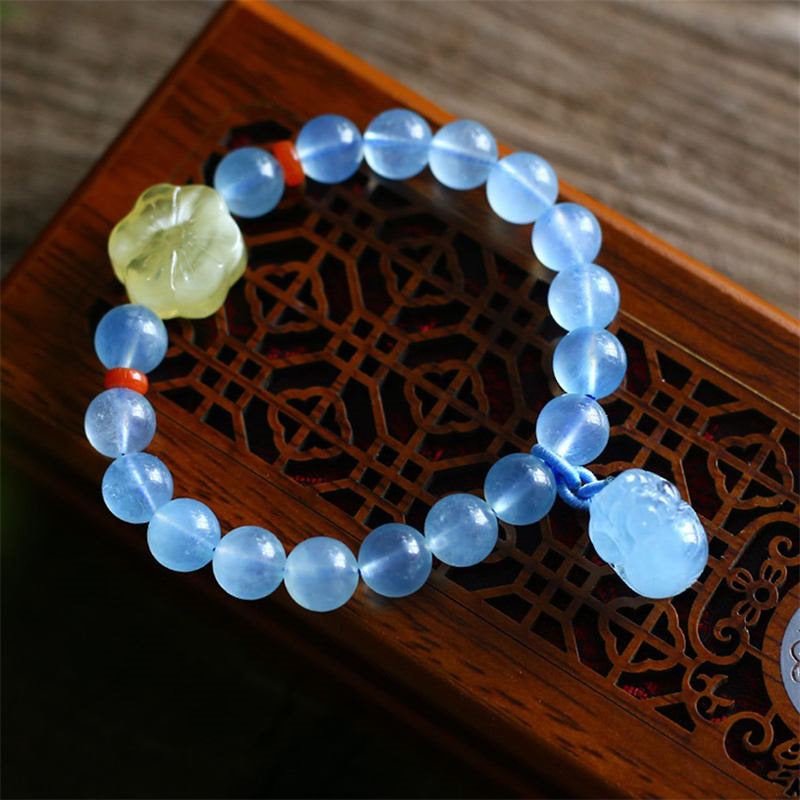 Wear FengShui Natural Aquamarine Amber Pixiu Peace Healing Charm Bracelet