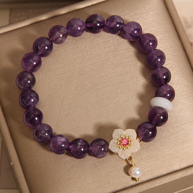 Wear FengShui Natural Amethyst White Agate Pearl Charm Balance Bracelet