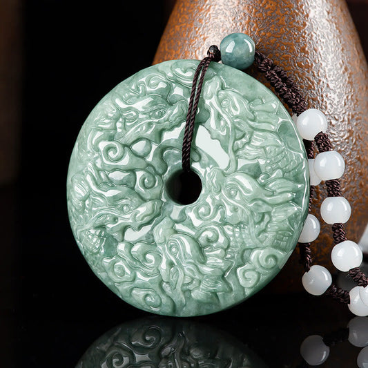 Wear FengShui Year of the Dragon Natural Jade Nine Dragons Peace Buckle Protection Necklace Pendant