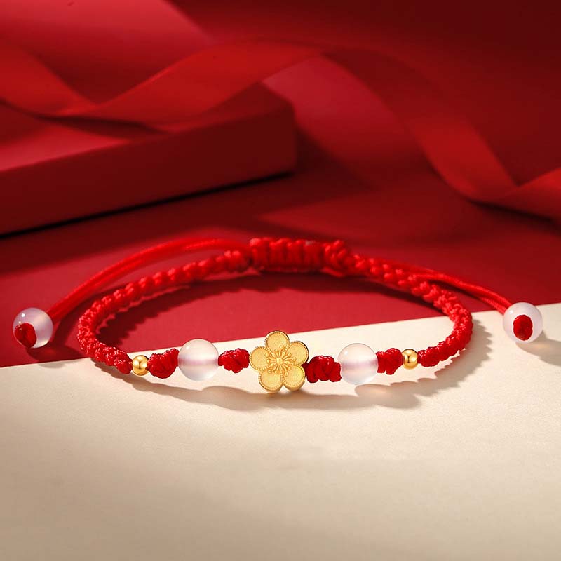 Wear FengShui Handmade 925 Sterling Silver Peach Blossom Cherry Sakura Chalcedony Bead Luck Red Rope Bracelet