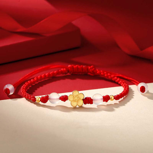 Wear FengShui Handmade 925 Sterling Silver Peach Blossom Cherry Sakura Chalcedony Bead Luck Red Rope Bracelet