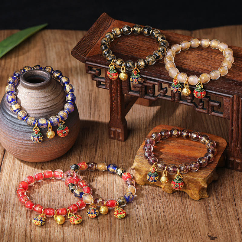 Wear FengShui Gold Swallowing Beast Family Charm Gold Silver Foil Liuli Glass Bead Blessings Bracelet