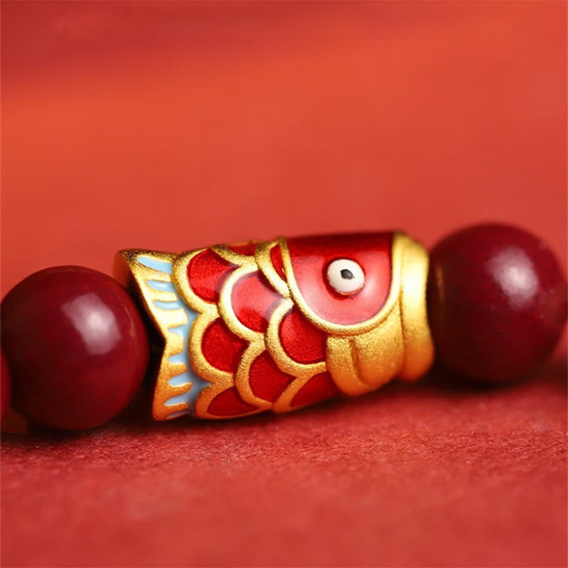 Wear FengShui Natural Cinnabar Lucky Koi Fish Hetian Jade Bead Blessing Bracelet