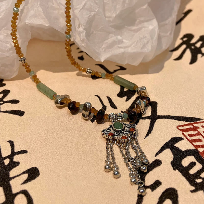 Wear FengShui Tibetan Crystal Stone Copper Luck Tassel Necklace Pendant