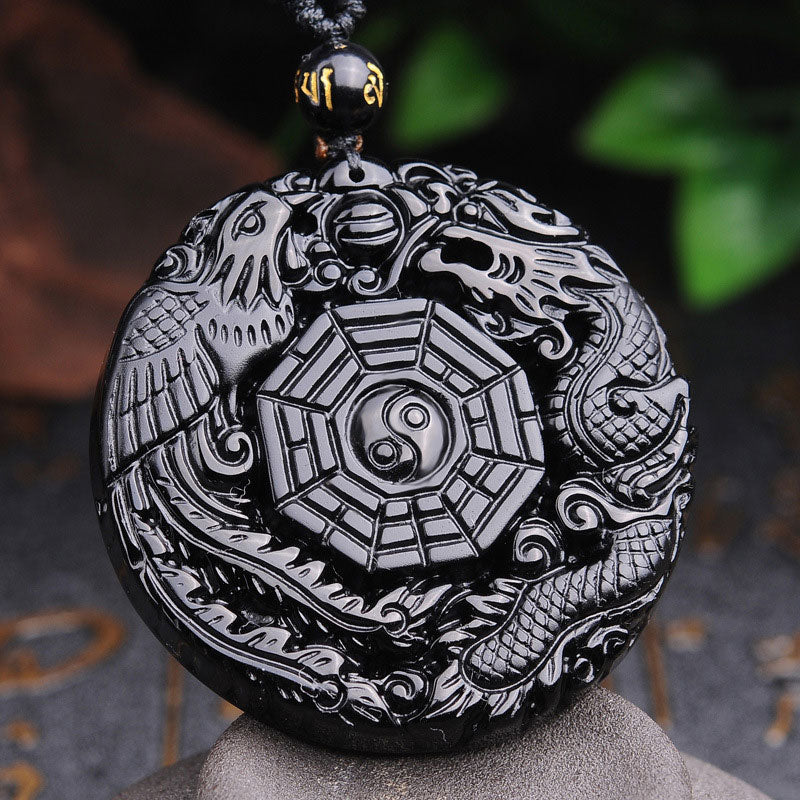 Wear FengShui Bagua Dragon Phoenix Obsidian Fulfilment Pendant Necklace