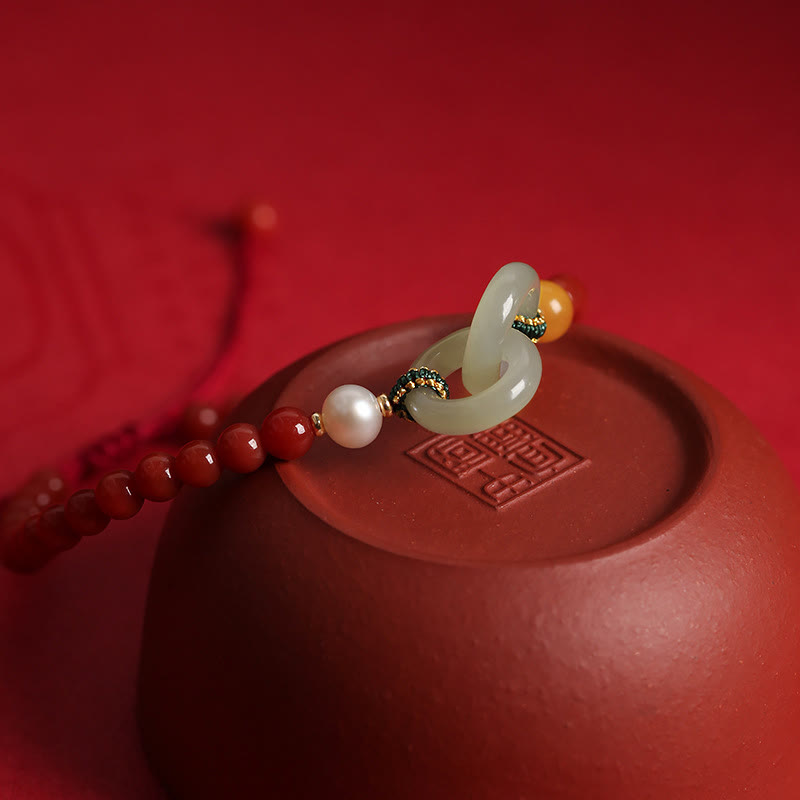Wear FengShui Natural Red Agate Hetian Jade Double Peace Buckle Confidence Bracelet