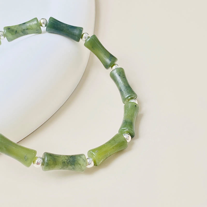 Wear FengShui 925 Sterling Silver Bamboo Jade Lucky Cat Fu Character Luck Abundance Bracelet