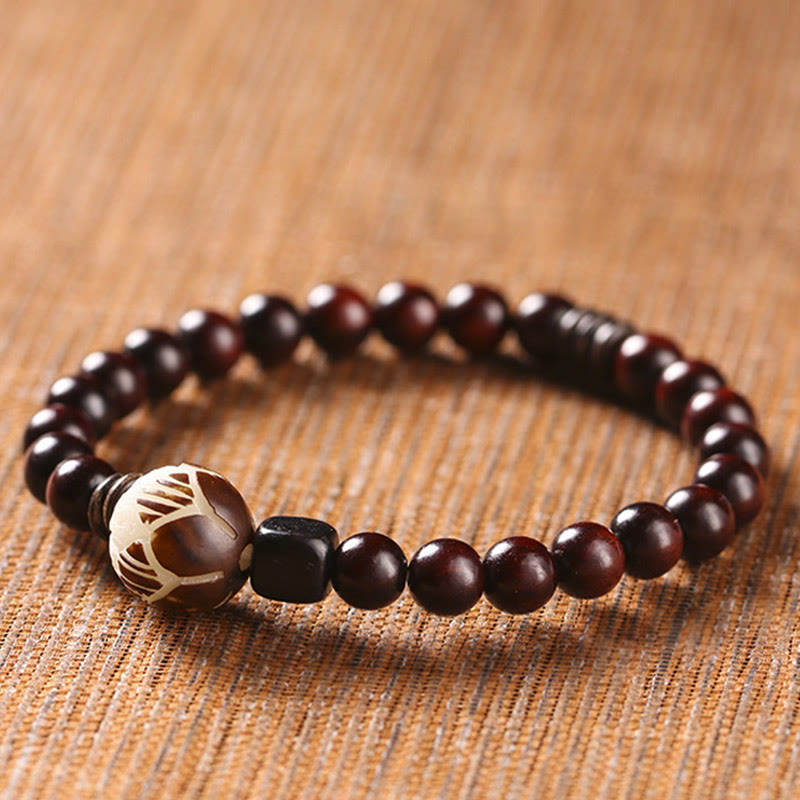 Wear FengShui Small Leaf Red Sandalwood Lotus Bodhi Seed Carved Protection Double Wrap Bracelet