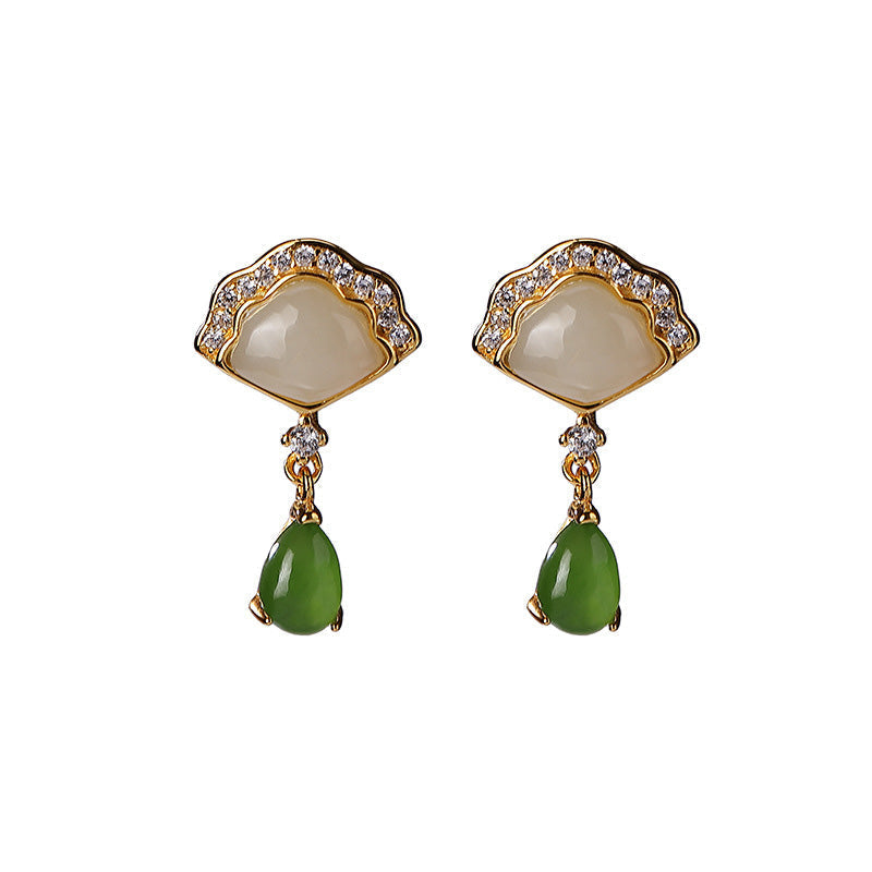 Wear FengShui White Jade Cyan Jade Fan Water Drop Pattern Luck Drop Earrings