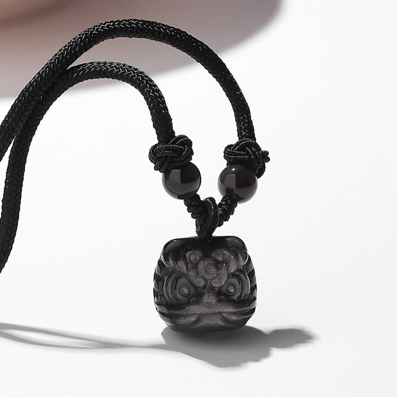 Wear FengShui Natural Silver Sheen Obsidian Red Agate Dancing Lion Protection Necklace Pendant