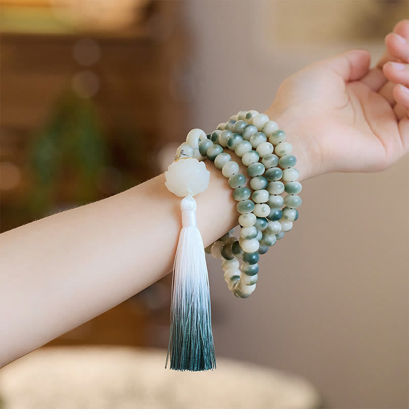 Wear FengShui Natural 108 Mala Beads Bodhi Seed Lotus Engraved Wisdom Tassel Bracelet