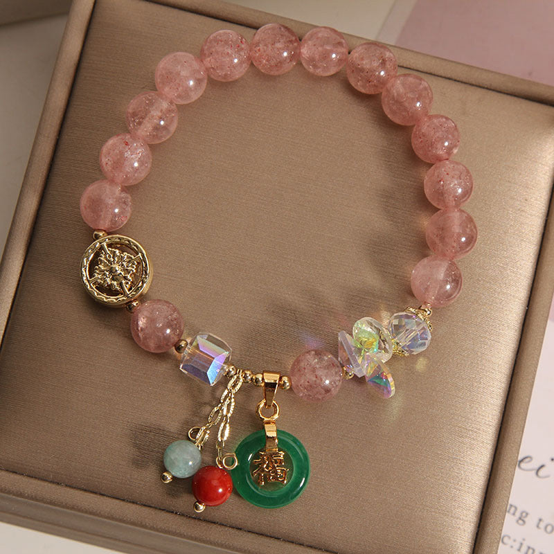 Wear FengShui Strawberry Quartz Jade Fu Character Charm Healing Bracelet
