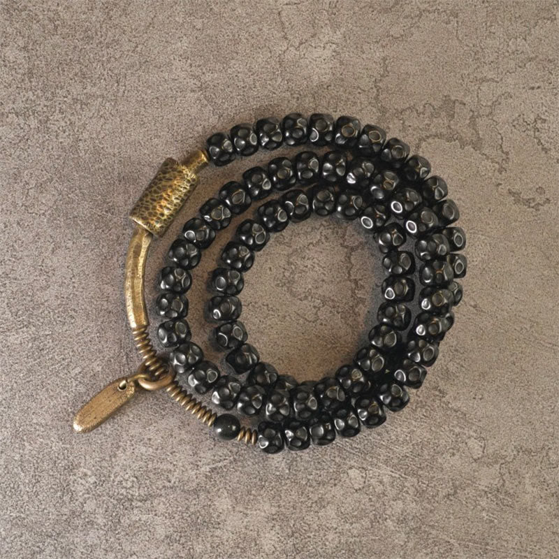 Wear FengShui Retro Coconut Shell Brass Copper Happiness Triple Wrap Bracelet