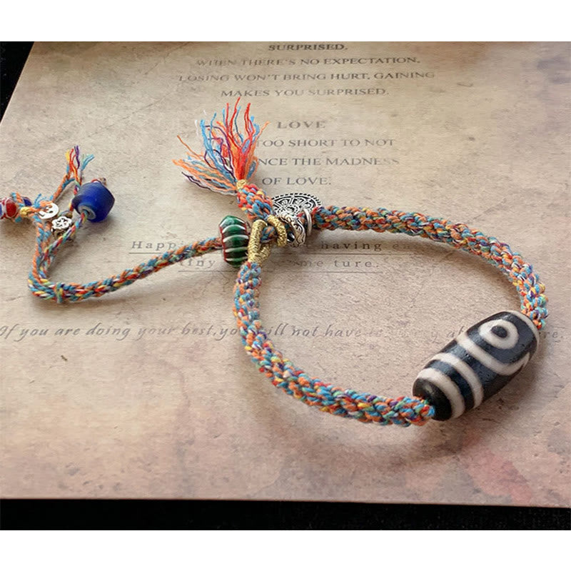 Wear FengShui Tibetan 925 Sterling Silver Om Mani Padme Hum Handmade Dzi Bead Protection Braid Bracelet