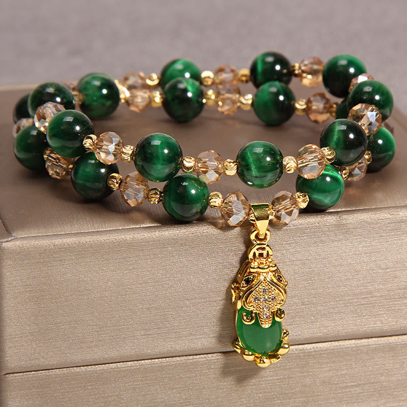 Wear FengShui Tiger Eye Pixiu Fox Money Bag Protection Self Confidence Double Wrap Bracelet