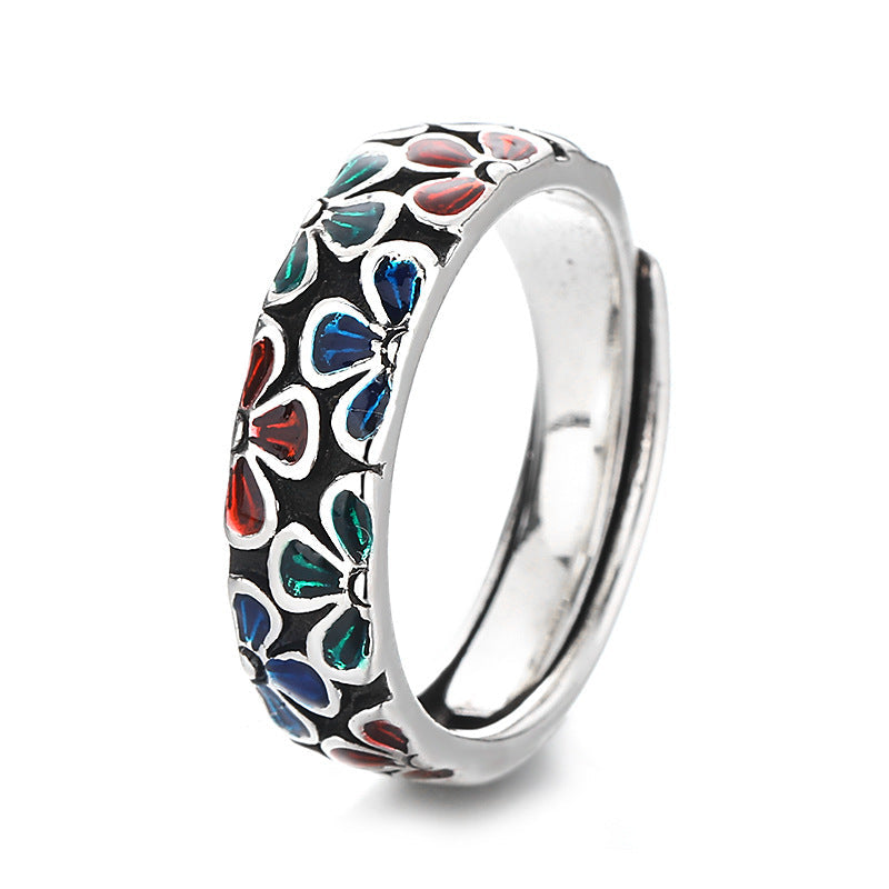 Wear FengShui Colorful Plum Blossoms Design Healing Copper Adjustable Ring
