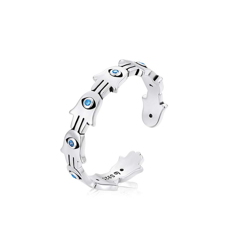 Wear FengShui 925 Sterling Silver Hamsa Symbol Zircon Adjustable Ring