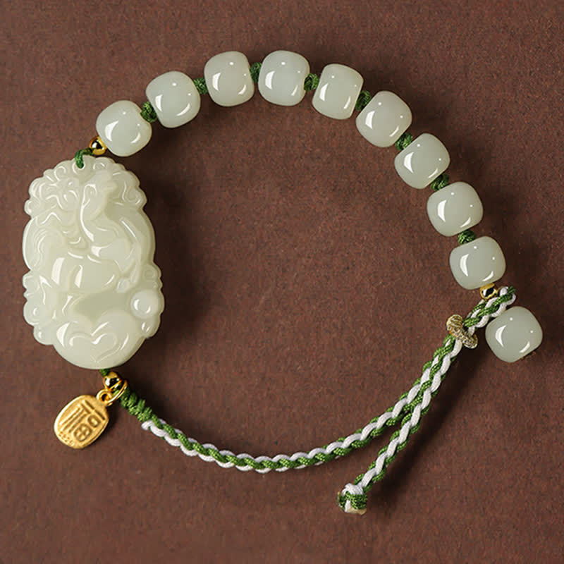 Wear FengShui 925 Sterling Silver Chinese Zodiac Hetian Jade Happiness Luck String Bracelet