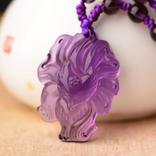 Wear FengShui Natural Amethyst White Crystal Citrine Nine Tailed Fox Luck Necklace Pendant